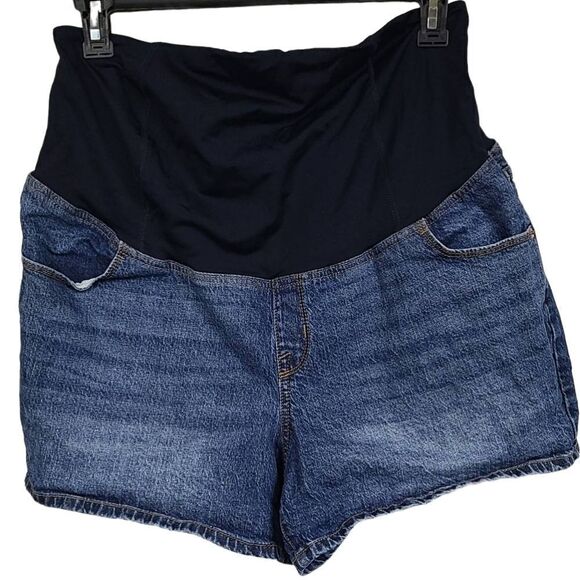 Isabel Maternity Women's Sz 14 Over Belly Midi Blue Jean Shorts Distressed Denim - Picture 1 of 9